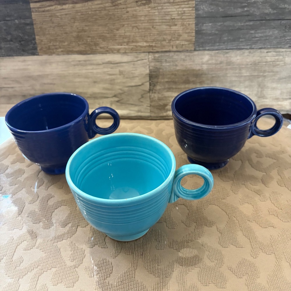 Fiesta HLC USA Ring Handle Coffee Mugs Set of 3 Cobalt Blue & Turquoise Ceramic